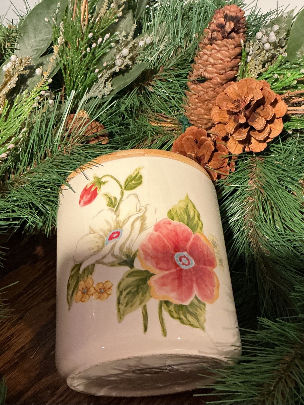 Floral Ceramic Canister in Cream with Pink Blooms with wooden top